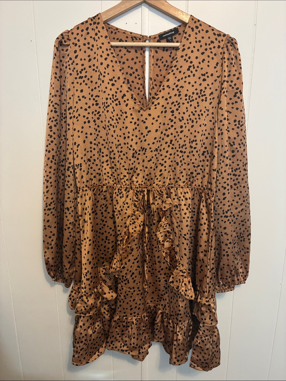 mittoshop Tan Gold Long Sleeve Polka Dot Tiered Dress